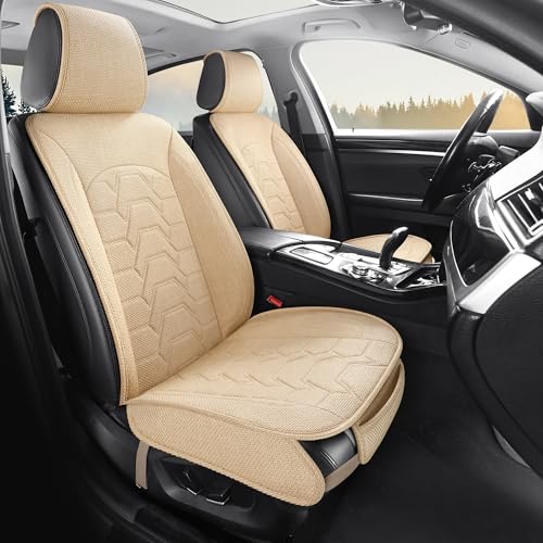 Linen Car Seat Covers Breathable Cloth Fabric Front Seat Protectors Automotive seat Covers Universal Fit for Most Cars Vans SUVs and Trucks（Beige，2PCS） - color: BEIGE