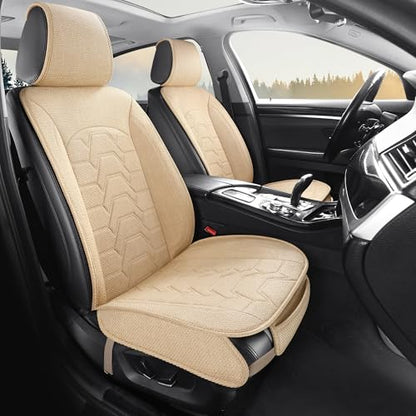 Linen Car Seat Covers Breathable Cloth Fabric Front Seat Protectors Automotive seat Covers Universal Fit for Most Cars Vans SUVs and Trucks（Beige，2PCS） - color: BEIGE