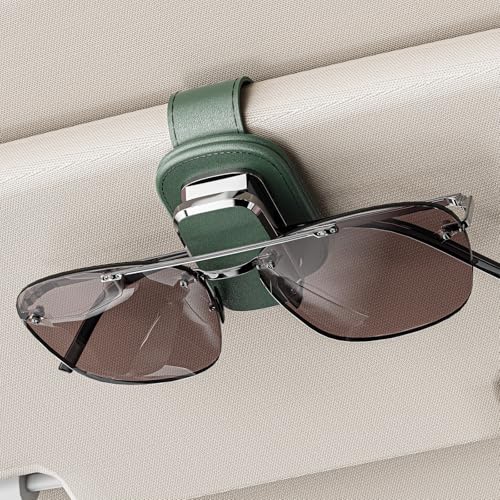 Sunglass Holder for Car Visor, One-Handed Operation Leather Sunglasses Clip with Soft Padding, Auto-Clamping Eyeglasses Organizer for Sun Visor, Universal Car Accessories (Green) - color: Green