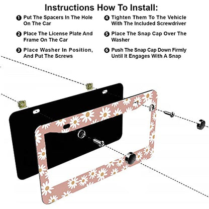 2Pcs Pink Fun with Daisies License Plate Frames Cover Holders Stainless Steel Daisies License Plate Cover with Screw Caps Cover and Screwdriver Set - 2-Hole for Girl Women (Pink Fun with Daisies) - color: Pink Fun with Daisies