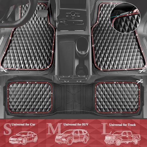 CAR PASS Bling Diamond Rubber Car Mats, Heavy Duty Deep Dish All-Weather Floor Mat Full Set Anti-Slip 3D Rhombus Waterproof Trim to Fit Liner Universal Glitter Sparkly Shining Rhinestone, 3 Pcs Red - color: Red Diamond