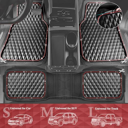 CAR PASS Bling Diamond Rubber Car Mats, Heavy Duty Deep Dish All-Weather Floor Mat Full Set Anti-Slip 3D Rhombus Waterproof Trim to Fit Liner Universal Glitter Sparkly Shining Rhinestone, 3 Pcs Red - color: Red Diamond