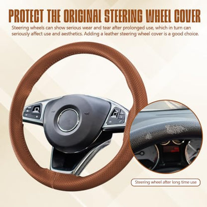Leather Steering Wheel Cover Lace Up, Car Wheel Cover, Universal Car Steering Wheel Protector, 15 inch, Brown, Hole - color: Brown, size: 15 inch - Hole