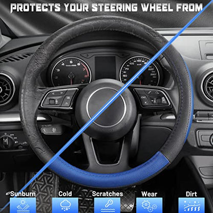 SEG Direct Car Steering Wheel Cover for Prius Civic Model 3 Model Y Camaro, Small Size 14-14.25 inch, Black and Blue Microfiber Leather - color: Black and Blue, size: Small size[14''-14 1/4'']
