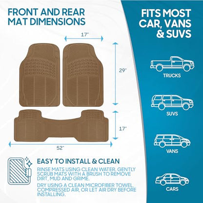 BDK ProLiner Heavy Duty Rubber Floor Mats for Auto - All Weather Protection Liners 3 PC Set (Tan Beige) - color: Beige