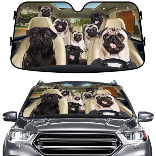 GENANY Cute Pug Dog Family Funny Windshield Sun Shade for Car SUV Truck (55x30 Inches), Sun Shade Windshield, Shades for Front Windows, Protector Blocks UV, Spring Car Decor - color: 3.Pug Dog, size: Size S