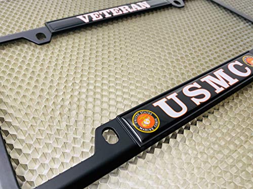 [Officially Licensed US Marine Corps Product] - USMC Veteran - Domed Custom-Made Personalized Narrow (Thin) Top 4 Hole Metal Car License Plate Frame with Free caps - Black Frame (Qty: 1) - color: Black - Style 1