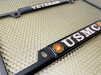 [Officially Licensed US Marine Corps Product] - USMC Veteran - Domed Custom-Made Personalized Narrow (Thin) Top 4 Hole Metal Car License Plate Frame with Free caps - Black Frame (Qty: 1) - color: Black - Style 1