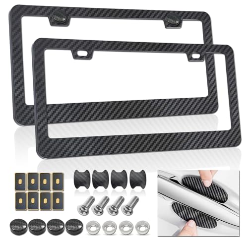 Carbon Fiber License Plate Frames- Black Plastic Car Tag Holder, 2 Pack 2 Hole Front Rear Bracket with Screw Caps and Car Door Handle Stickers - style: Black-Wide Frame
