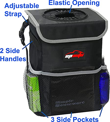 EPAuto Waterproof Car Trash Can with Lid and Storage Pockets, 2.5 Gallon, Black - color: Black
