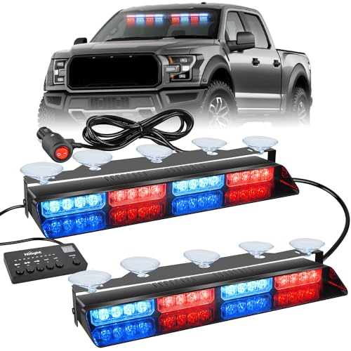 Nilight 32LED Red Blue Emergency Dash Strobe Lights with Controller Suction Cups Warning Hazard Interior Front/Rear Windshield Deck Split Light Bar for Trucks Construction Vehicles - color: Red and Blue