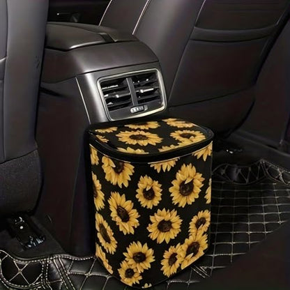 Road Trip Trash Can – Leakproof 5L Collapsible Car Garbage Bin with Lid & Pockets | SUV, Truck & Vehicle Organizer (Romantic Sunflowers)