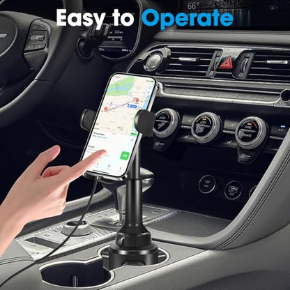 DEGUM Upgraded Wireless Car Charger, Cup Holder Phone Mount with 15W Fast Charging Phone Holder Adjustable Long Arm Height, Compatible with iPhone 16 15 14 13 Samsung LG and More (with Car Adapter)