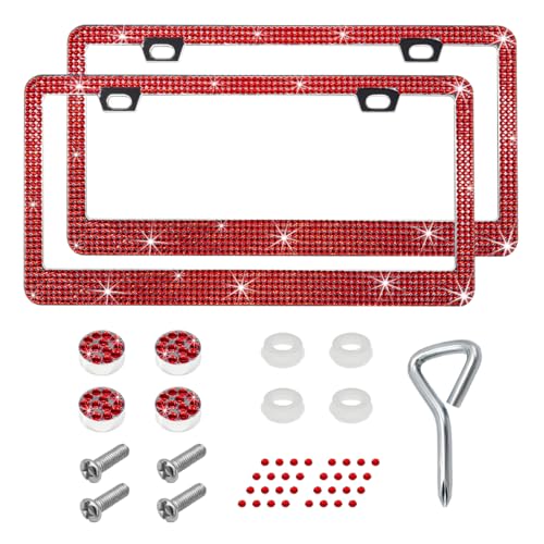 DXNQ 2PCS Bling License Plate Frame, Sparkly Rhinestone Diamond License Plate Cover with Crystal Screws Caps, Glitter Crystal Stainless Steel License Plate Holder for Women (Red) - color: Red, 2PCS