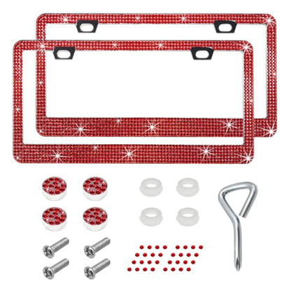 DXNQ 2PCS Bling License Plate Frame, Sparkly Rhinestone Diamond License Plate Cover with Crystal Screws Caps, Glitter Crystal Stainless Steel License Plate Holder for Women (Red) - color: Red, 2PCS