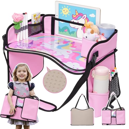 OUOZZZ Kids Travel Tray for Car - Girl's Safety Seat Table, Toddler Road Trip Essentials - Carseat/Airplane Lap Desk with Weight-Relief Strap, Non-Skid Silicone Base, Waterproof Dining/Craft Mat - color: Unicorn