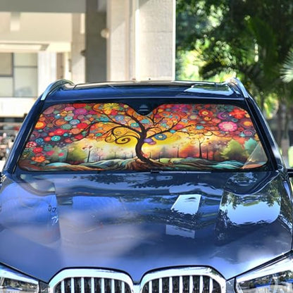 Windshield Sun Shade Abstract Flower Tree Front Window Block UV Shades Visor Reflective Retractable for Car SUV Trucks - color: A011