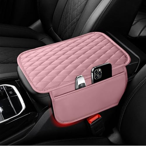 Ouzorp Car Center Console Cover, Upgraded Microfiber Leather Car Arm Rest Cover with 2 Storage Bags Universal Armrest Cover for Car Storage Box Car Interior Accessories Protector for Most Vehicle-Pink - color: Pink