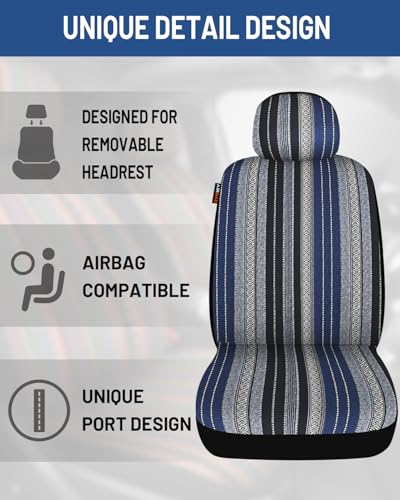 Baja Saddle Blanket Car Seat Covers Full Set with Seat Belt Pads and Steering Wheel Cover, Washable Breathable Striped Woven Cloth Seat Covers for Cars, SUV, Truck(Blue,Large) - color: Blue, size: Full Set