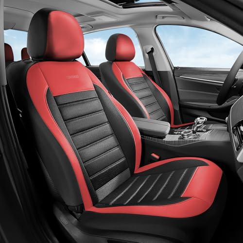 Coverado Car Seat Covers Front Seats, Luxury Leather Car Seat Covers, Automotive Mesh Seat Covers 2 Pack, Airbag-Compatible, Black Red Seat Covers for SUV Sedan Truck - color: Red&Black, size: Frontpair