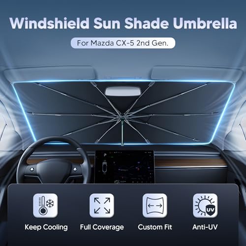 Autorder Windshield Sun Shade Umbrella for 2017-2025 2026 Mazda CX-5 CX5 Accessories,Upgraded Ice Crystal Material,Easy Setup Umbrella Sunshade for Car Windshield,100% Sun Blocking - size: Mazda Cx-5 2017-present