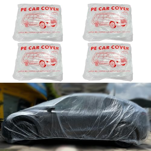 4 Packs Disposable Car Cover Clear Plastic Car Cover Universal Rain Dust Garage Cover with Elastic Band Medium (12.4 FT x 21.6 FT) - size: 4 PCS L(12.4ft * 21.6ft)