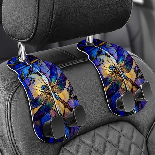 WOCOCN 2 Pack Car Purse Hook for Car Seat Headrest, Double-Sided PrintingPU Leather Purse Holder with Metal Hook, Cute Car Accessories for Women, Men (Car hook - Dragonfly A) - color: Car hook - Dragonfly A