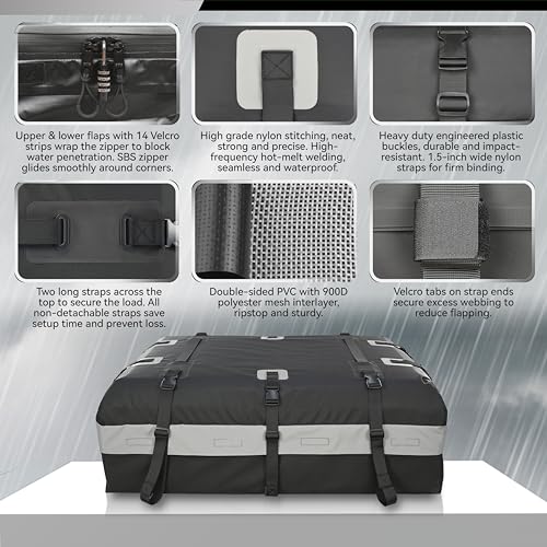 MARCHWAY Waterproof Car Roof Luggage Bag, Weatherproof Soft Shell Rooftop Cargo Carrier Bag for Vehicles with or Without Rack. 6 Door Hooks, Anti Slip Mat, Lock Included (15 Cubic Feet, Black) - size: 15 Cubic Feet, Black
