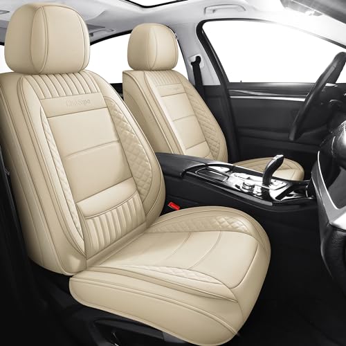 Leather Seat Covers, Beige Car Seat Covers Front Pair, Breathable Car Seat Protectors, Wear-Resistant Car Accessories, Universal Fit for Most Cars,SUVs Truck (Beige-Stripes, Front Pair) - color: Beige-Stripes-A, size: Front Pair
