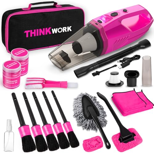 THINKWORK Car Detailing Kit Interior Cleaner, Car Cleaning Kit with 8000PA Cordless Pink Handheld Vacuum Cleaner, Car Interior Detailing Brush Set, Pink Car Accessories, Gift for Women - color: Pink(17PCS)