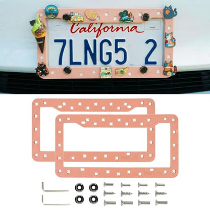 DIY Charm License Plate Frame Hot Pink, 2-Pack Premium TPU License Plate Holder Compatible with Shoe Charms, Anti-Theft Stainless Steel Hardware Kit & Tools, Rattle-Proof Drainage Design - color: Pink, size: 2 PCS
