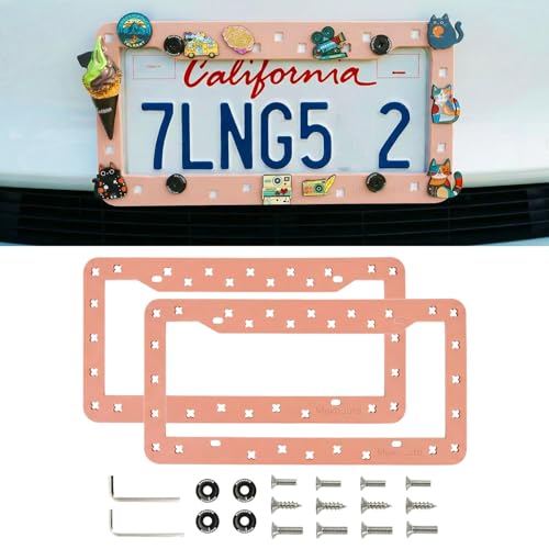 DIY Charm License Plate Frame Hot Pink, 2-Pack Premium TPU License Plate Holder Compatible with Shoe Charms, Anti-Theft Stainless Steel Hardware Kit & Tools, Rattle-Proof Drainage Design - color: Pink, size: 2 PCS