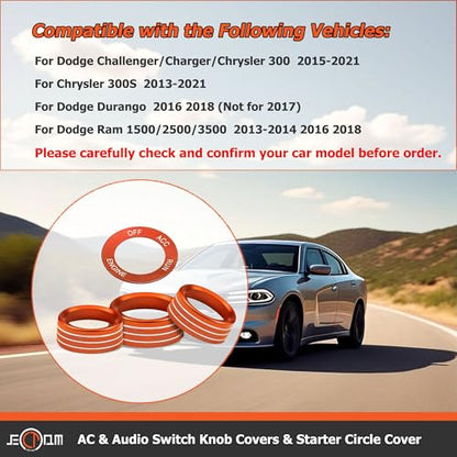 Air Conditioner Switch Button Knob Cover, Car Interior Accessories Radio Volume Control Knob, Aluminum Alloy Trim Rings Compatible with Dodge Challenger Durango 2015-2022 - color: Orange