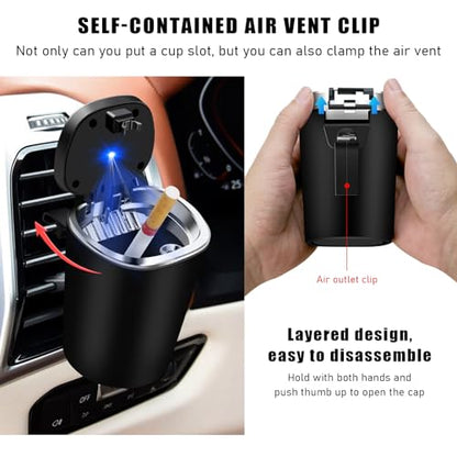 Ohleats Car Ashtray, Detachable Stainless Steel Smokeless Ash Tray with LED Blue Light, Auto Ashtray with Lid Smell Proof Weed for Most Vehicles, Universal Interior Car Accessories