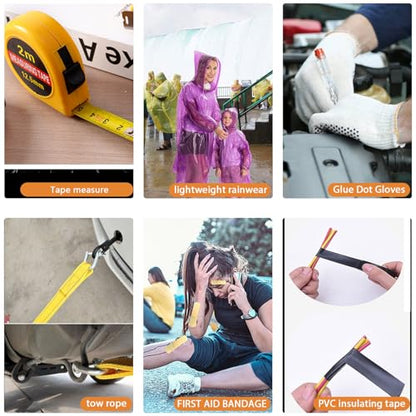 LIANXIN Car Emergency Roadside Tool Kit, Auto Emergency Kits Vehicles, with Jumper Cables kit，Car Safety Roadside Assistance Kit,Headlamp,Tow Straps,Tape Measure,Rainwear,Gloves.Gloves.Pale - color: pale