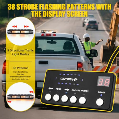 LUMENIX 42 LED Roof Top Strobe Beacon Light Bar Hazard Warning Emergency Flashing Plow Lights with Controller for Construction Vehicles Tow Trucks Postal Cars Snowplow Amber White (Patent Design) - color: White Amber