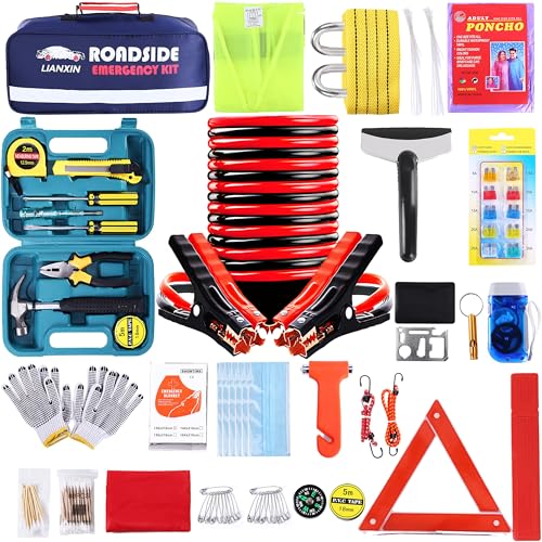 LIANXIN Roadside Assistance Emergency Kit - Car Emergency Kit with Jumper Cables (Upgraded) Emergency Roadside Kit for Car 142 Pieces Car Safety Kits,Tow Strap,Tool Kit,Reflective Warning Triangle - color: Blue