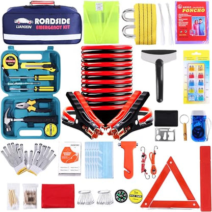 LIANXIN Roadside Assistance Emergency Kit - Car Emergency Kit with Jumper Cables (Upgraded) Emergency Roadside Kit for Car 142 Pieces Car Safety Kits,Tow Strap,Tool Kit,Reflective Warning Triangle - color: Blue