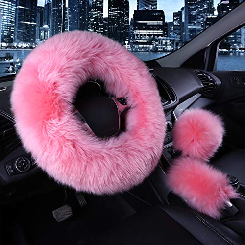 1 Set 3 Pcs Car Steering Wheel Cover & Handbrake Cover & Gear Shift Cover Set Faux Wool Warm Winter (Pink-3pcs) - color: Pink-3pcs
