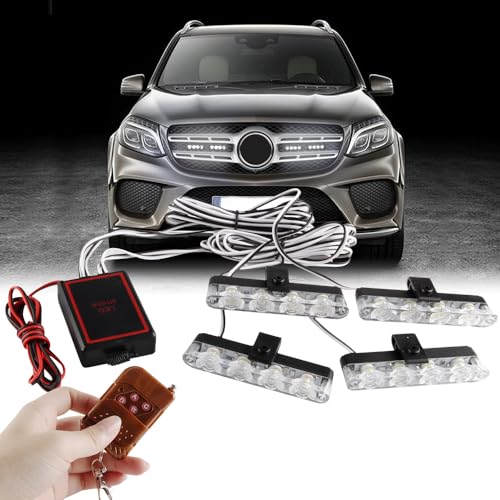 4 in 1 12V Emergency Strobe Warning Grille Lights Caution Flash Lights For Car Truck DRL Ambulance Police Lights Remote Control Wireless-White - color: white, size: 4 in 1