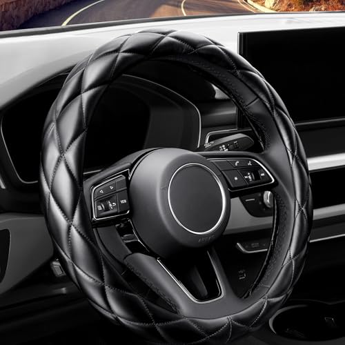 YHONGJT Soft Microfiber Leather Steering Wheel Cover, Universal 15 Inch for Women Girls, Fit Vehicles, Sedans, SUVs, Vans, Trucks - Black - color: A-Black