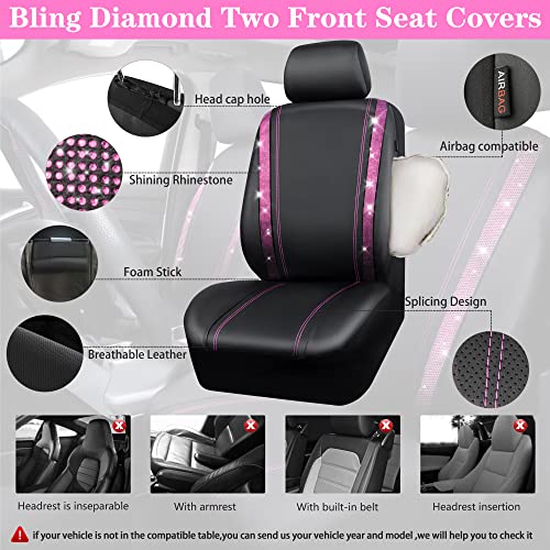CAR PASS Bling Diamond Car Seat Covers Full Set, Shining Rhinestone Waterproof Faux Leather, Rear with Zipper, Universal Fit Automotive Glitter Crystal Sparkle Strips for Women Girl, Black Pink - color: Pink Diamond, size: Full Set