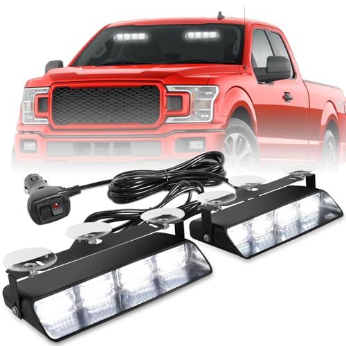 HLauto 2002L Emergency Dash Strobe Lights: White Safety Lights, Flashing Warning Hazard Windshield Visor Traffic Light Bars for Trucks, Construction Vehicles (2x8.5 inch, 48LED) - color: White