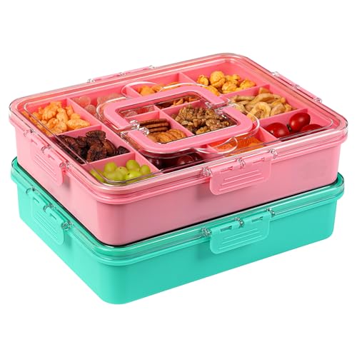 Xyptorix Snack Box Container for Kids - Adjustable 12-Compartment Snack Containers, Reusable Bento Box, Dishwasher Safe, BPA-Free, Perfect for School, Travel, Camping & Picnic, Pink & Green, Large - color: Pink+Green, size: Large
