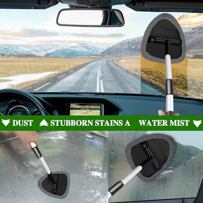 Windshield Cleaning Tool, Car Window Cleaner with 4 Washable Reusable Microfiber Pads, Auto Interior Exterior Extendable Long Handle Glass Wiper Cleaning Kit Universal for Office and Home (Grey) - color: Grey