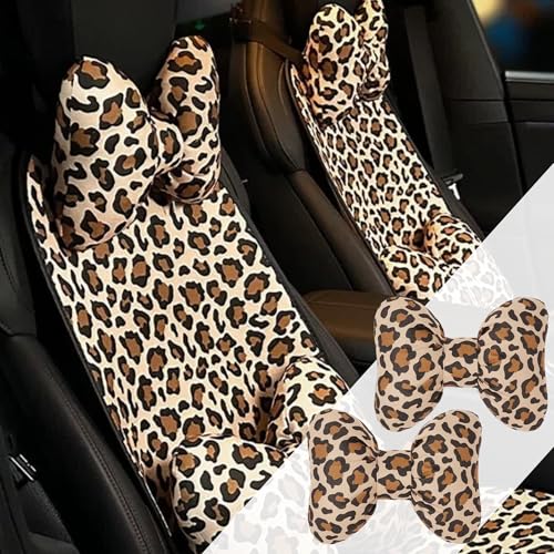 2PCS Chic Car Headrests with Bow-Shaped Cotton Linen Bowknot Neck Pillows for Cozy Road Trip & Cute Interior Decoration (Leopard) - color: Leopard