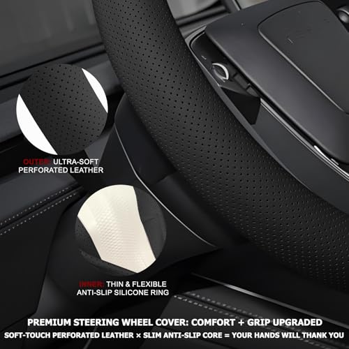 Microfiber Leather Universal 14.5-15 inch Steering Wheel Cover,Easy to Install Non-Slip Breathable Steering Wheel Protector Black - color: Black