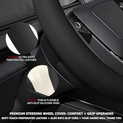 Microfiber Leather Universal 14.5-15 inch Steering Wheel Cover,Easy to Install Non-Slip Breathable Steering Wheel Protector Black - color: Black