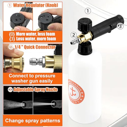 JOEJET Short Pressure Washer Gun with Foam Cannon Dual Connector Accessory, Car Wash Foam Gun with 1/4 Inch Quick Connector, 5 Pressure Washer Nozzle Tips, 1 Liter - size: 1 L