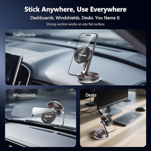 SYNCWIRE for MagSafe Car Mount [2-Axis Design] Nano Adhesive Gel + Suction Cup Magnetic Phone Holder for Dashboard & Windshield, 360° Adjustable for iPhone 17 16 15 14 13 12 11, Samsung, Matte Black - style: 2-Axis | Black